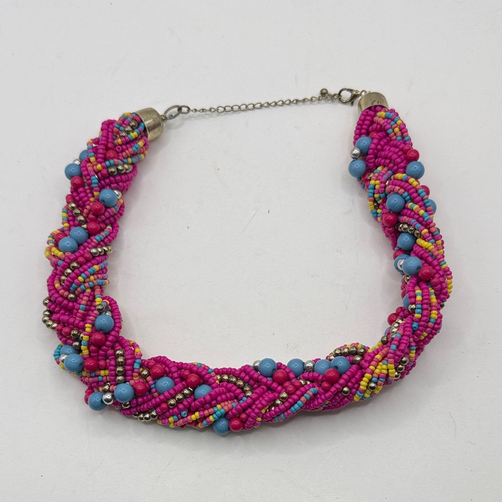 Vintage Twisted Seed Bead Necklace Multicolor Bold Y2K Hippie Boho Pink Blue